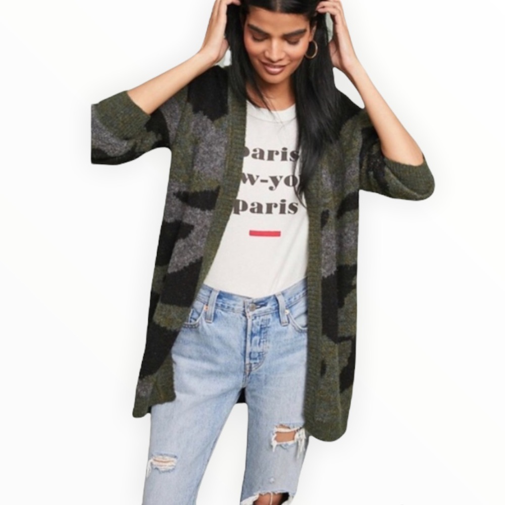 Anthropologie Moth Open Fuzzy Camouflage Print Cardigan Sweater Green Black S